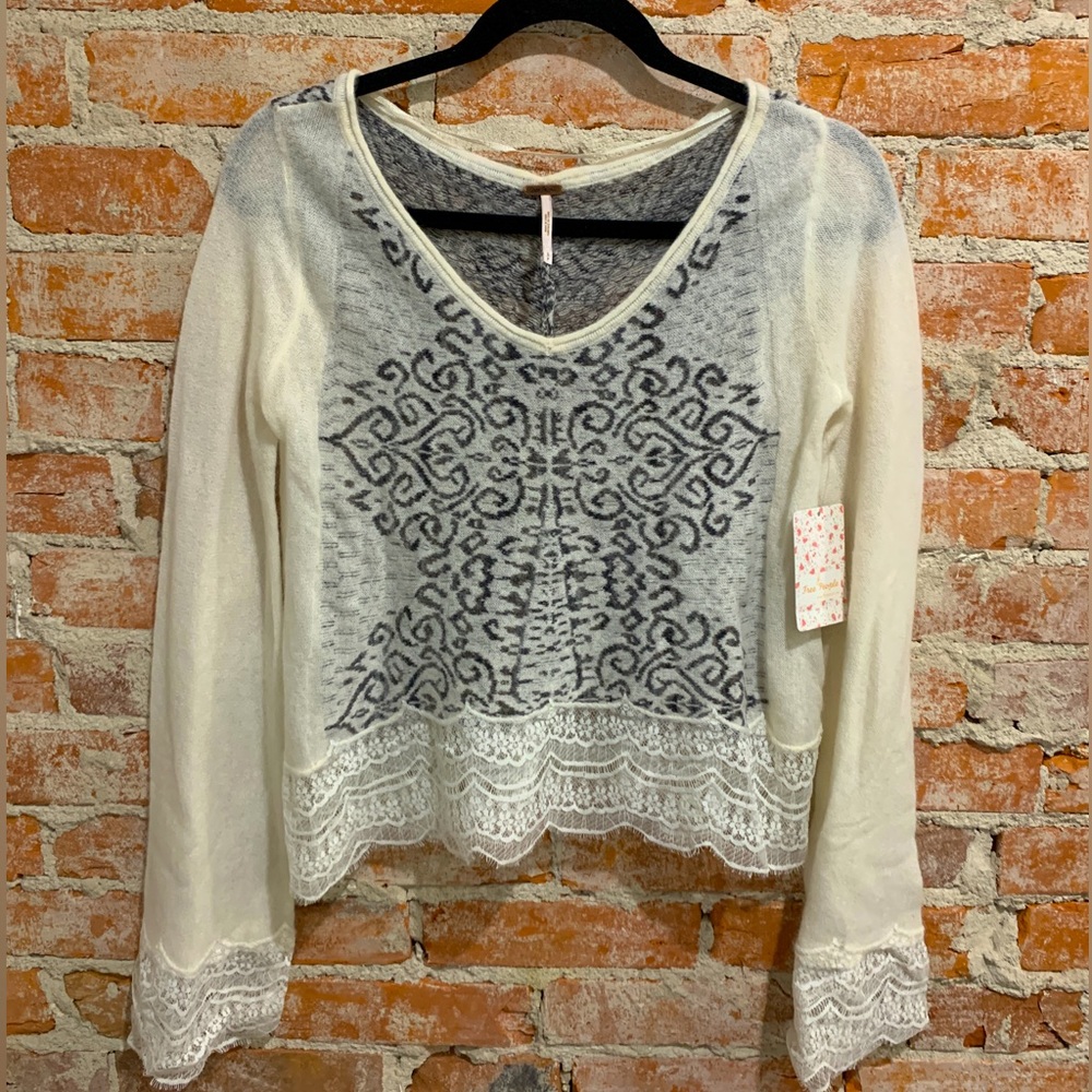 Free People Crop Wool Angora Alpaca Blend Sweater with Lace Trim NWT